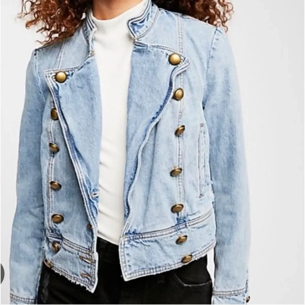 Free People Moto Double Breasted Denim Jacket. Country. Military.Coastal Cowgirl - Picture 14 of 14